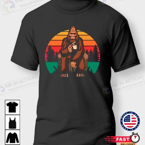 Bigfoot Pics Having Coffee Retro Sunset Funny Sarcastic Vintage Tshirt 4