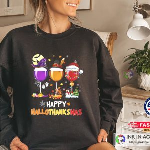HalloThanksMas Funny Wine Happy Halloween Thanksgiving Christmas Wine Lover TShirt 2