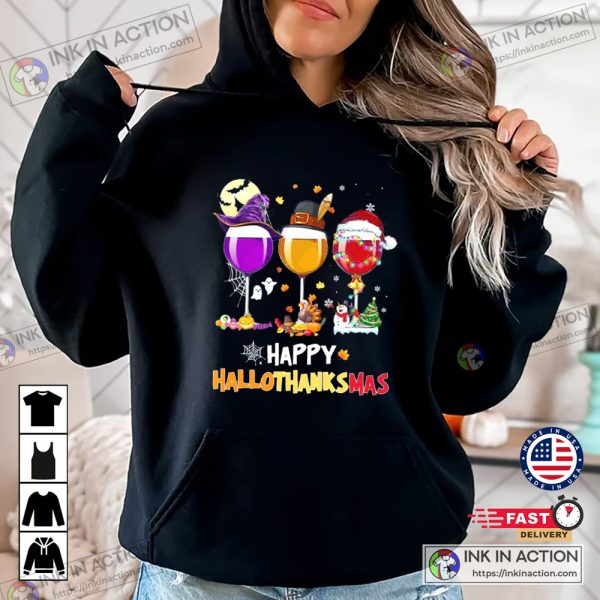 HalloThanksMas Funny Wine Happy Halloween Thanksgiving Christmas Wine Lover T-shirt