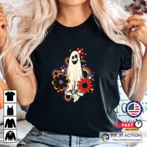 Halloween Flower Ghost Sketch Witch Retro Vintage T Shirt 2