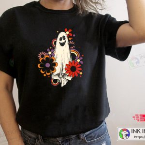 Halloween Flower Ghost Sketch Witch Retro Vintage T Shirt 3