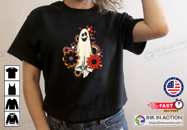 Halloween Flower Ghost Sketch Witch Retro Vintage T-Shirt