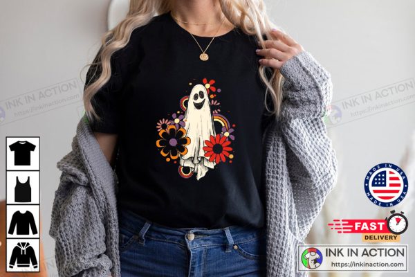 Halloween Flower Ghost Sketch Witch Retro Vintage T-Shirt