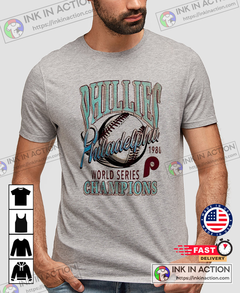 Philadelphia Baseball Team Majestic Philadelphia Phillies Vintage Champs  Baseball T-Shirt - Ink In Action
