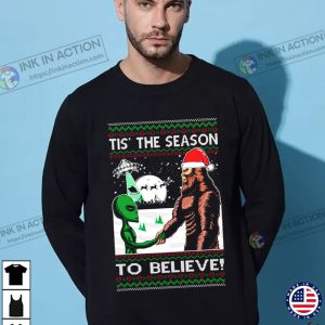 Bigfoot Tis The Season to Believe in Conspiracies Aliens Ufo Ugly Christmas Sweater Mens Graphic 2