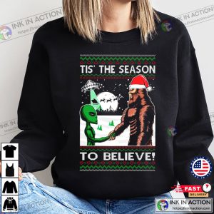 Bigfoot Tis The Season to Believe in Conspiracies Aliens Ufo Ugly Christmas Sweater Mens Graphic 3