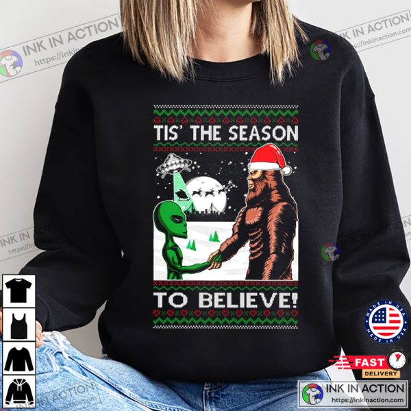 Bigfoot Tis’ The Season to Believe in Conspiracies Aliens Ufo Ugly Christmas Sweater Men’s Graphic