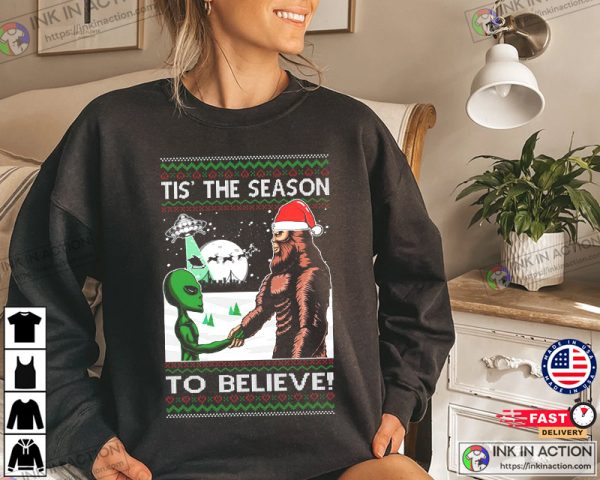 Bigfoot Tis’ The Season to Believe in Conspiracies Aliens Ufo Ugly Christmas Sweater Men’s Graphic