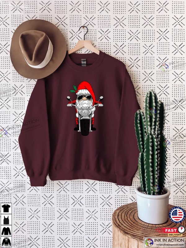 Biker Santa Sweatshirt, Motor Biker Santa Cool Santa Shirt