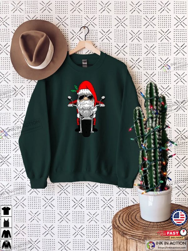 Biker Santa Sweatshirt, Motor Biker Santa Cool Santa Shirt