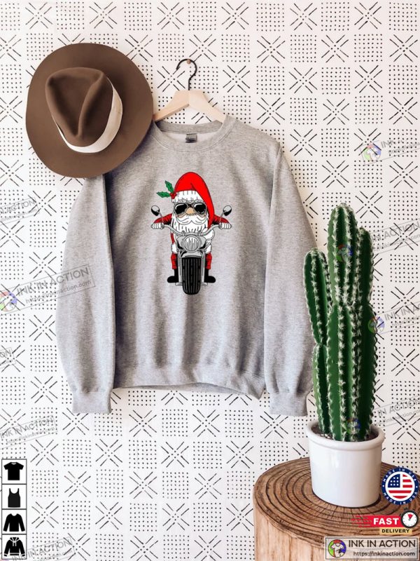 Biker Santa Sweatshirt, Motor Biker Santa Cool Santa Shirt