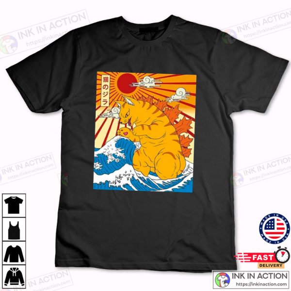 Catzilla Shirt Synthwave Cat Shirt Vaporwave Cat Shirt Great Wave of Kanagawa