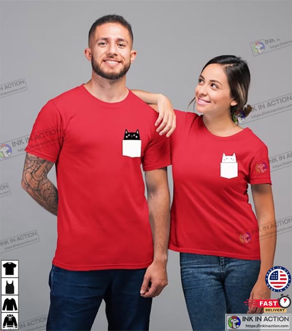 Cat Pocket Matching Couple Graphic Funny Valentine Shirt