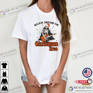 Christmas Skeleton Rock Shirt, Retro Christmas Tee, Christmas Tree Shirt, Women’s Music Graphic Shirt