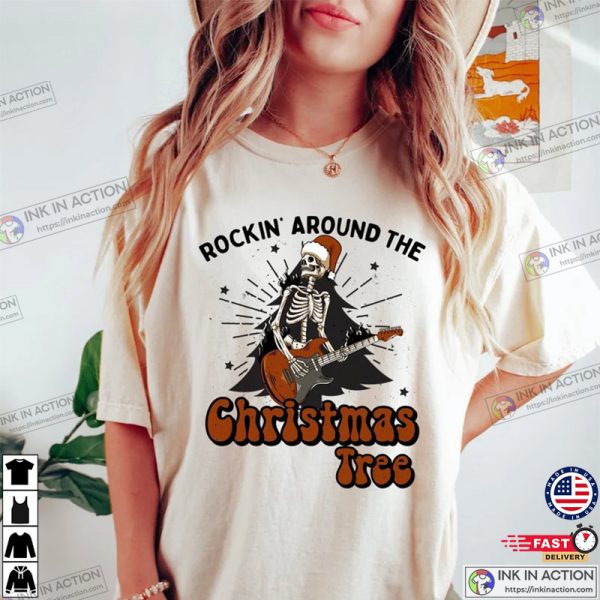 Christmas Skeleton Rock Shirt, Retro Christmas Tee, Christmas Tree Shirt, Women’s Music Graphic Shirt