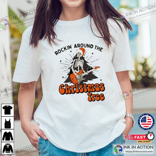 Christmas Skeleton Rock Shirt, Retro Christmas Tee, Christmas Tree Shirt, Women’s Music Graphic Shirt