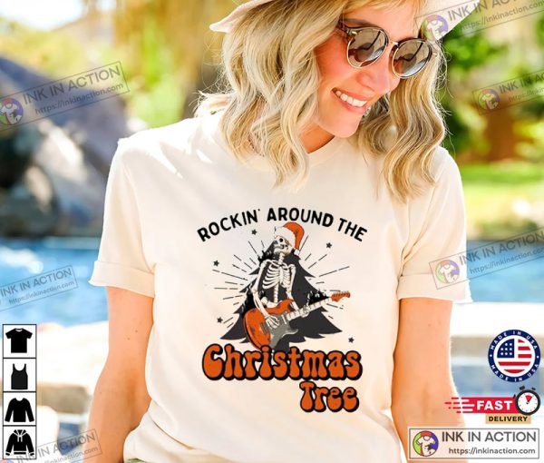 Christmas Skeleton Rock Shirt, Retro Christmas Tee, Christmas Tree Shirt, Women’s Music Graphic Shirt