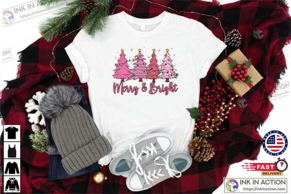 Merry and Bright Cute Pink Christmas Tree Holiday Shirt