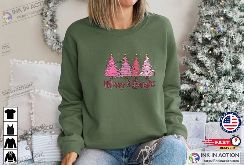 Merry and Bright Cute Pink Christmas Tree Holiday Shirt