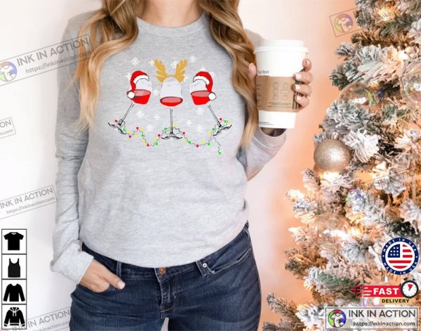 Christmas Wine, Christmas Gift, Wine Merry Christmas Long Sleeve, Wine Glass Santa Hat Sweater