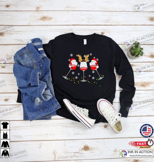 Christmas Wine, Christmas Gift, Wine Merry Christmas Long Sleeve, Wine Glass Santa Hat Sweater