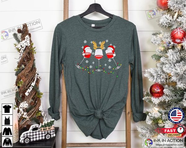 Christmas Wine, Christmas Gift, Wine Merry Christmas Long Sleeve, Wine Glass Santa Hat Sweater