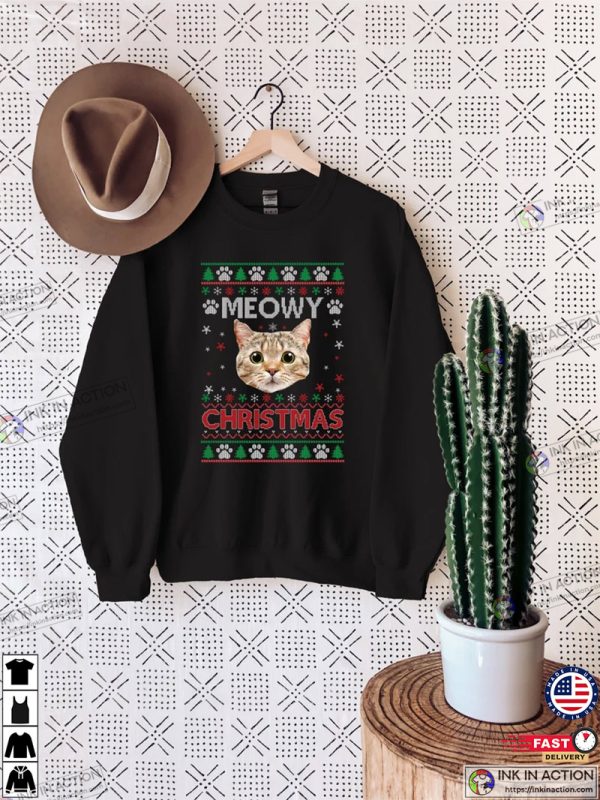 Custom Photo Ugly Christmas Shirt, Meowy Christmas Custom Cat Shirt
