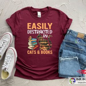 Easily Distracted By Cats And Books Lover Cat Shirt 1