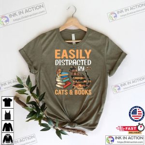 Easily Distracted By Cats And Books Lover Cat Shirt 2