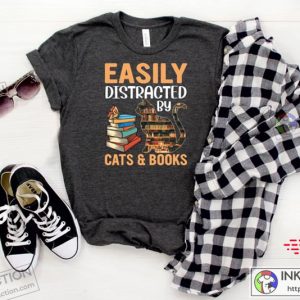 Easily Distracted By Cats And Books Lover Cat Shirt 3