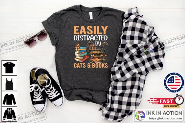 Easily Distracted By Cats And Books Lover Cat Shirt