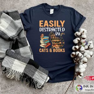 Easily Distracted By Cats And Books Lover Cat Shirt 6