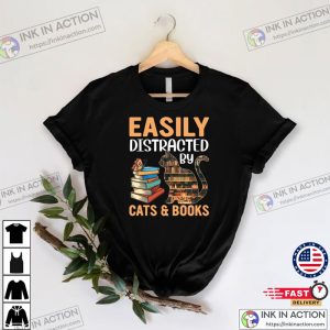 Easily Distracted By Cats And Books Lover Cat Shirt