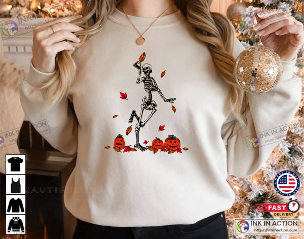 Dancing Skeleton  And Pumpkin Funny Halloween Shirt