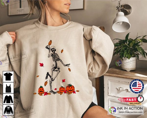 Dancing Skeleton  And Pumpkin Funny Halloween Shirt