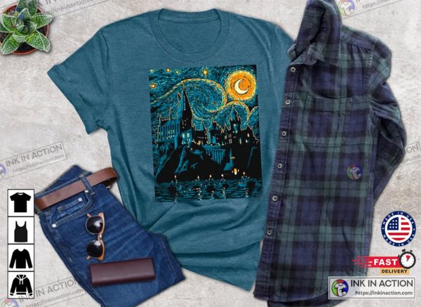 Harry Potter Hogwarts Castle Inspired Starry Night Magic Wizard Castle Boat Magic School Shirt