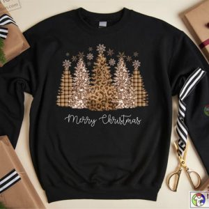 Leopard Merry Christmas Trees Sweatshirt Christmas Sweatshirt Holiday Sweater 4