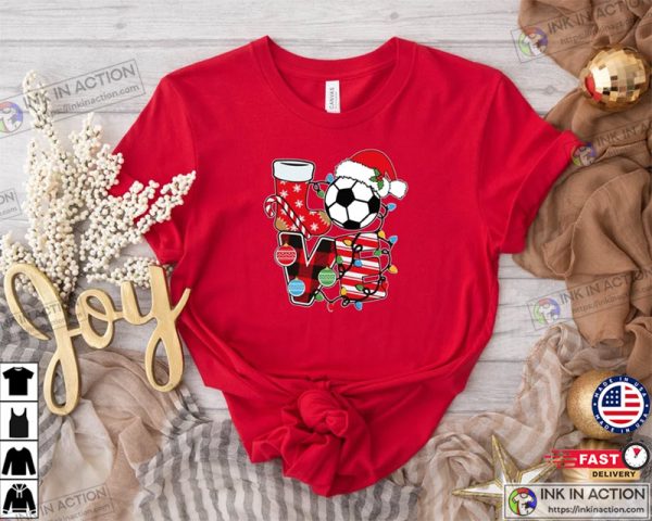 Love Soccer Ball Wearing Santa Hat Christmas Shirt