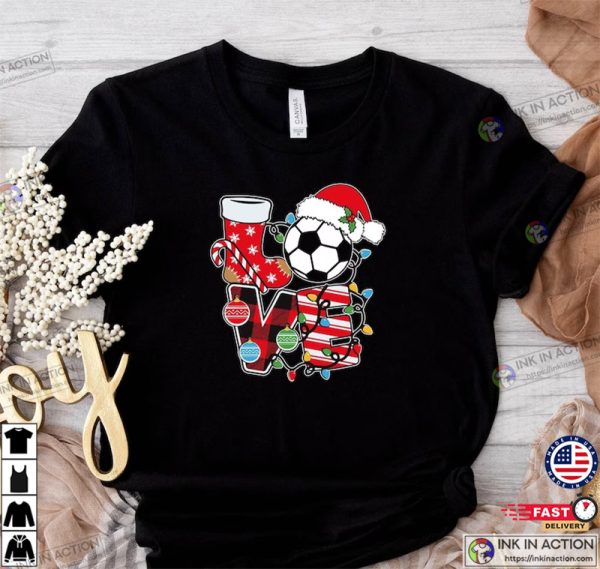 Love Soccer Ball Wearing Santa Hat Christmas Shirt