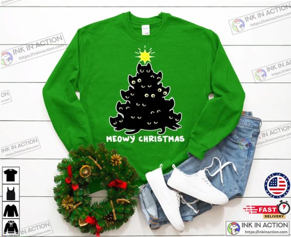 Meowy Christmas! Funny Ugly Christmas Sweaters Cat Meowy Christmas Shirt Family Christmas