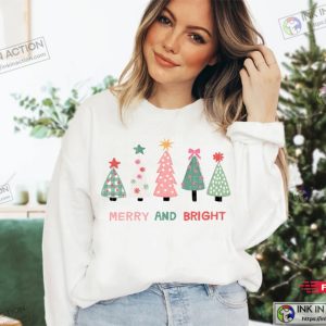 Merry And Bright Christmas Trees Sweatshirt Holiday Outfit Cute Pink XMAS 3