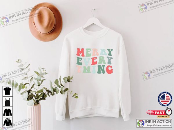 Merry Everything Shirt, Holiday Outfit, Retro Groovy XMAS Shirts