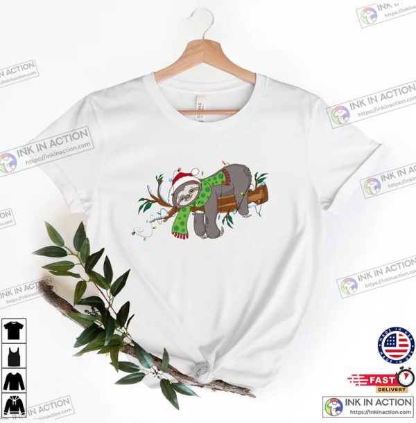 Merry Slothmas Sweatshirt, Sloth Lover Shirt, Xmas Animal Sweater, Lazy Sloth Xmas Tee, Christmas Lights Tshirt