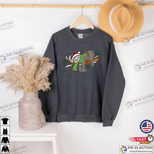 Merry Slothmas Sweatshirt, Sloth Lover Shirt, Xmas Animal Sweater, Lazy Sloth Xmas Tee, Christmas Lights Tshirt