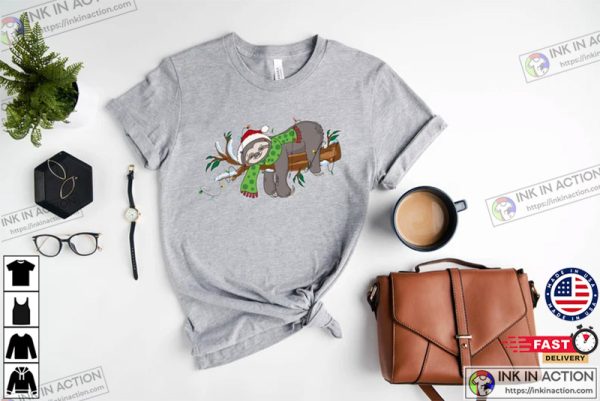 Merry Slothmas Sweatshirt, Sloth Lover Shirt, Xmas Animal Sweater, Lazy Sloth Xmas Tee, Christmas Lights Tshirt