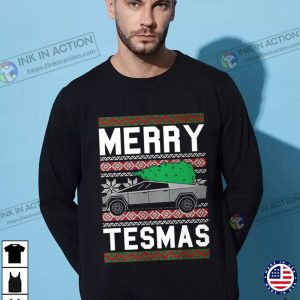 Merry Tesmas Unisex Sweater Cybertruck Electric Car Truck Elon Musk Futuristic Technology Meme Rocket Space Xmas Holiday Party 3