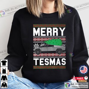 Merry Tesmas Unisex Sweater Cybertruck Electric Car Truck Elon Musk Futuristic Technology Meme Rocket Space Xmas Holiday Party 4