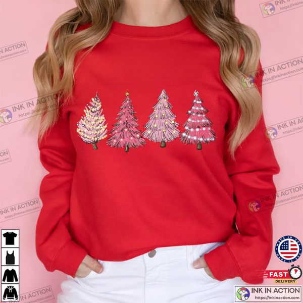 Pink Christmas Shirt, Ugly Christmas Sweater Women, Pink Christmas Winter Tree Sweatshirt