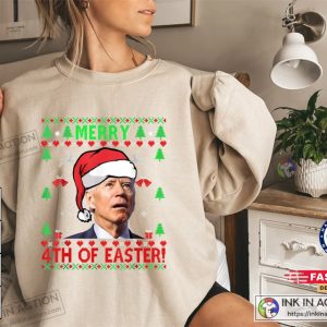 Santa Joe Biden Photo Merry 4th Of Easter Ugly Christmas Sweater 3