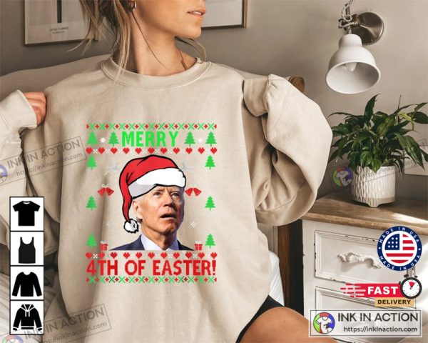 Santa Joe Biden Photo Merry 4th Of Easter Ugly Christmas Sweater